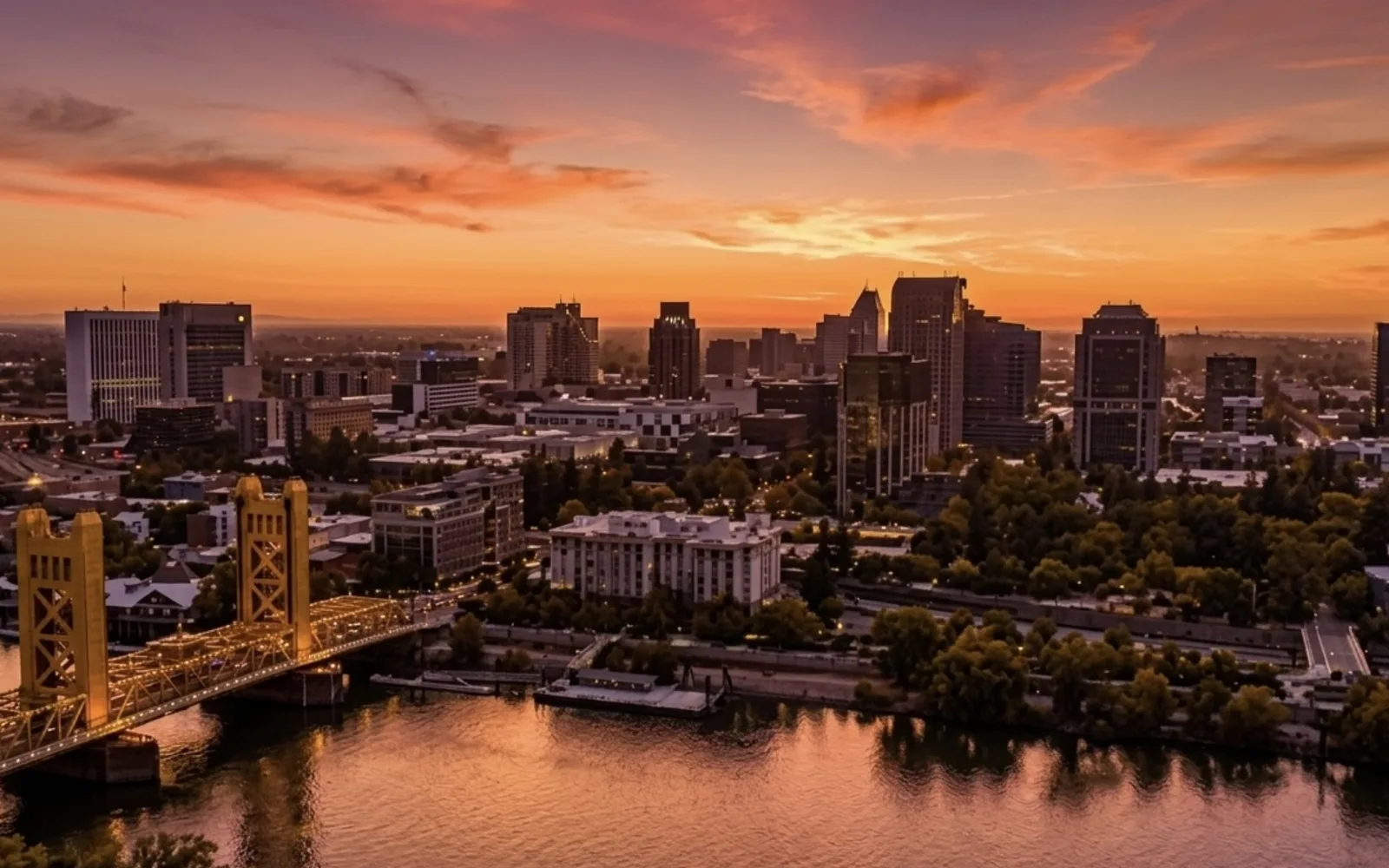 Sacramento skyline at sunset, showing the state capital city